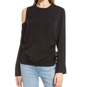 Nordstrom Open Edit Cold Shoulder Satin Blouse Black Small